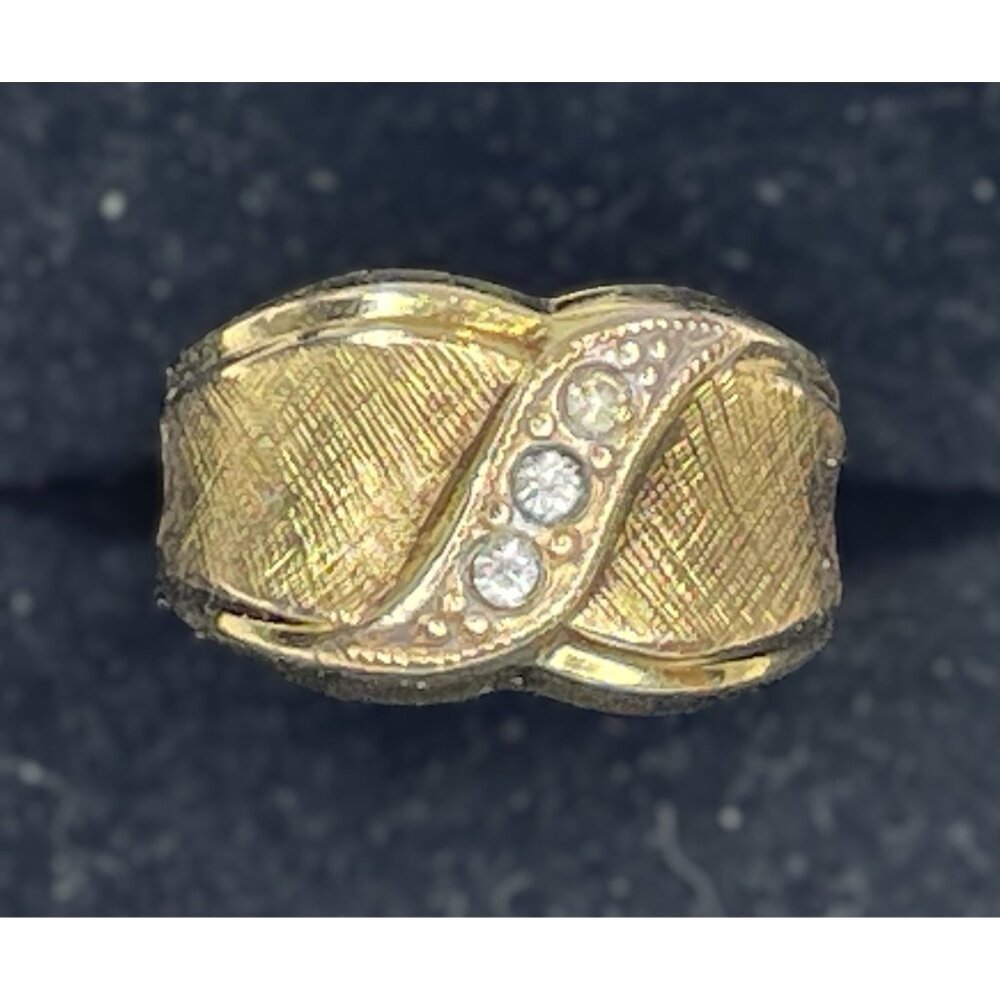 10K Gold-Filled Signed Vargas Clear Stone Accent Textured Band Ring Size 4